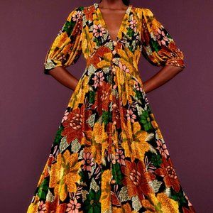 *SOLD* EUC Farm Rio Black Garden Velvet Midi Dress M Floral V Neck Boho Chic